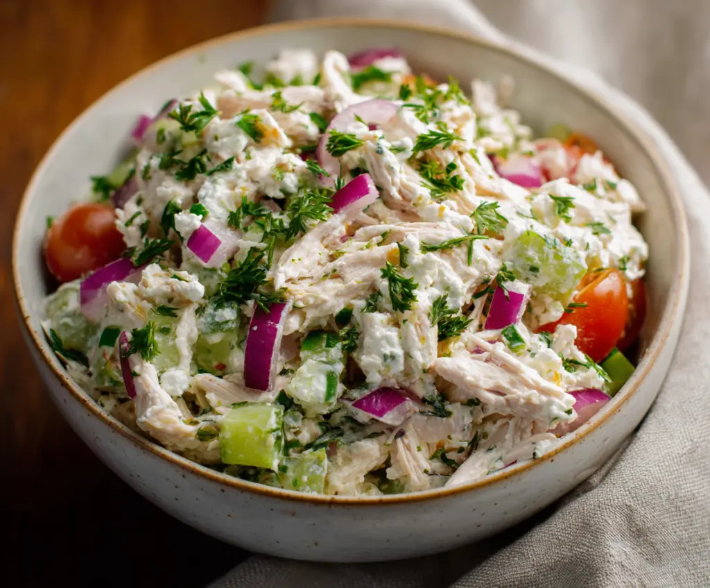 Creamy cottage cheese chicken salad with fresh vegetables and herbs, perfect for a healthy meal.