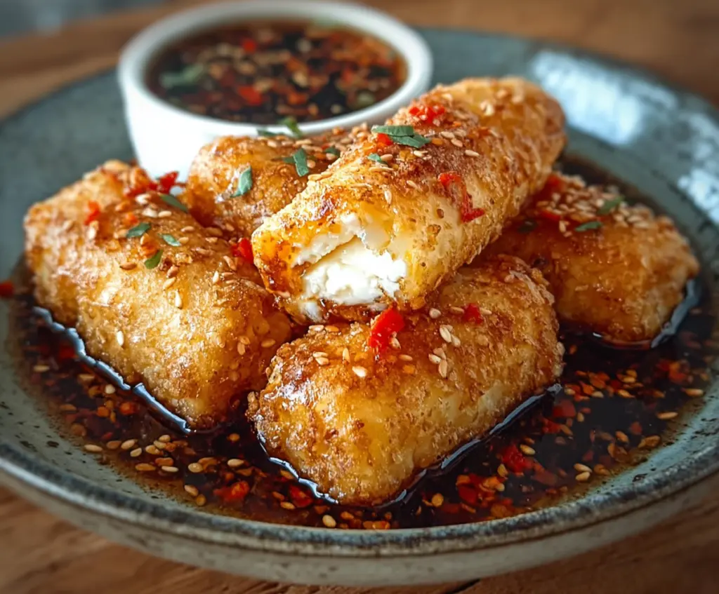Crispy oven-fried feta rolls drizzled with chili honey on a serving platter.