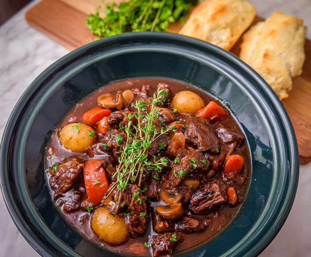 Delicious Crockpot Beef Bourguignon featuring tender beef chunks, mushrooms, and rich red wine sauce in a slow cooker.