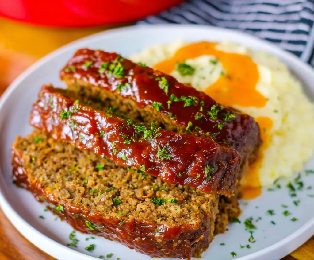 Delicious Crockpot Dr. Pepper Meatloaf served on a plate with fresh vegetables