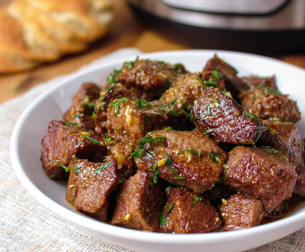 Delicious Crockpot Garlic Butter Steak Bites served with fresh herbs and vegetables.