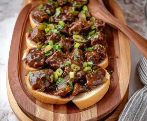 Juicy Crockpot Mississippi Steak Bites served in a rustic bowl, garnished with herbs and ready to enjoy.