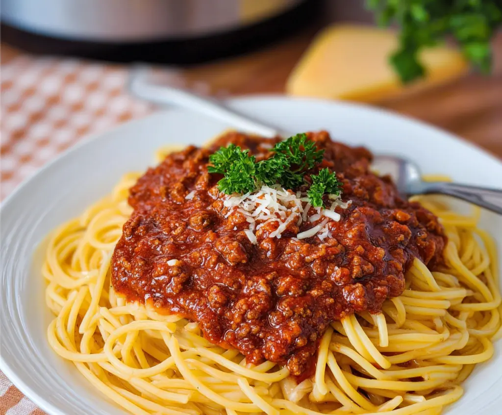 Delicious Crockpot Spaghetti with Rich Meat Sauce served on a plate.