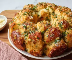Delicious Garlic Parmesan Monkey Bread topped with melted cheese and fresh herbs.