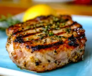 Juicy grilled lemon herb pork chops on a barbecue grill with fresh herbs and lemon slices.