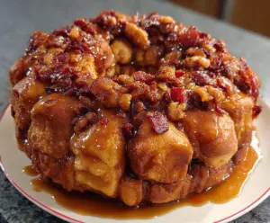 Delicious Maple Bacon Monkey Bread fresh out of the oven with crispy bacon and sweet maple glaze.
