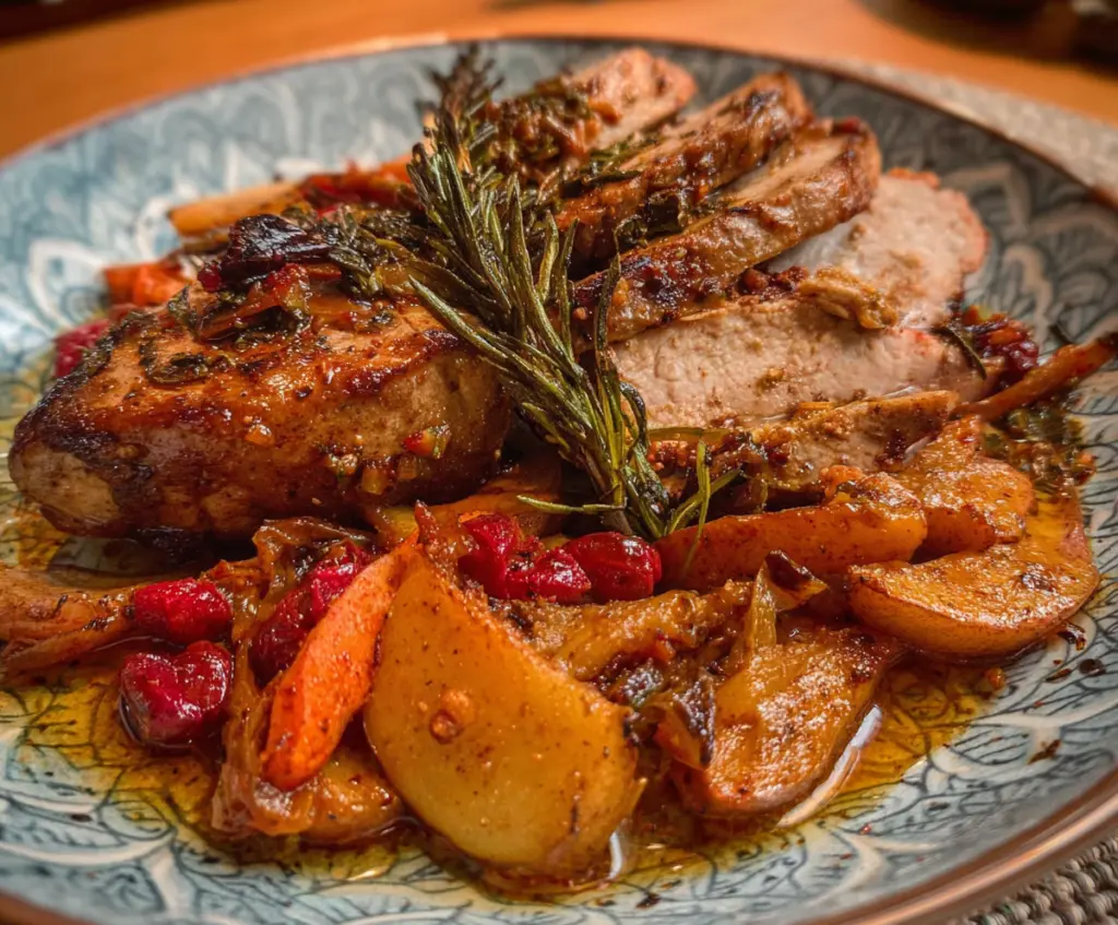 Delicious Mediterranean Pork &amp; Apples dish served with fresh herbs and colorful vegetables.