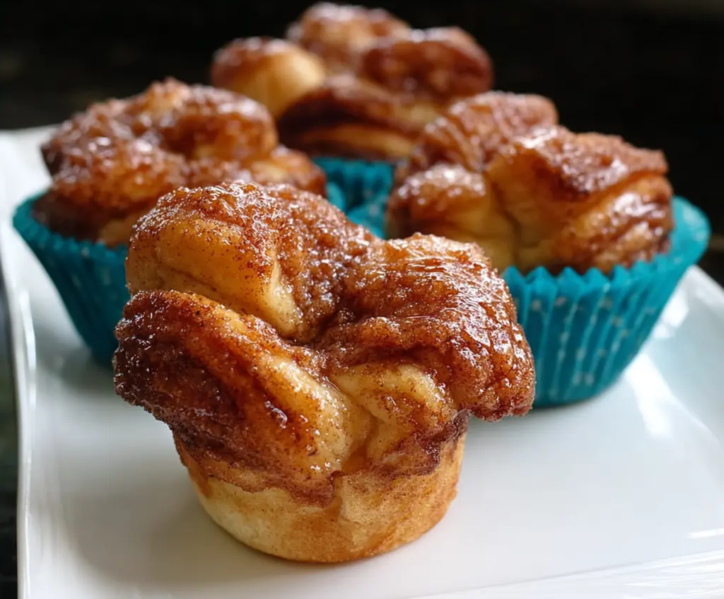 Delicious Monkey Bread Muffins with gooey caramel glaze and cinnamon swirls on a baking tray.