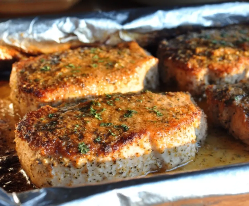 Juicy oven-baked ranch pork chops served on a plate with herbs and vegetables.