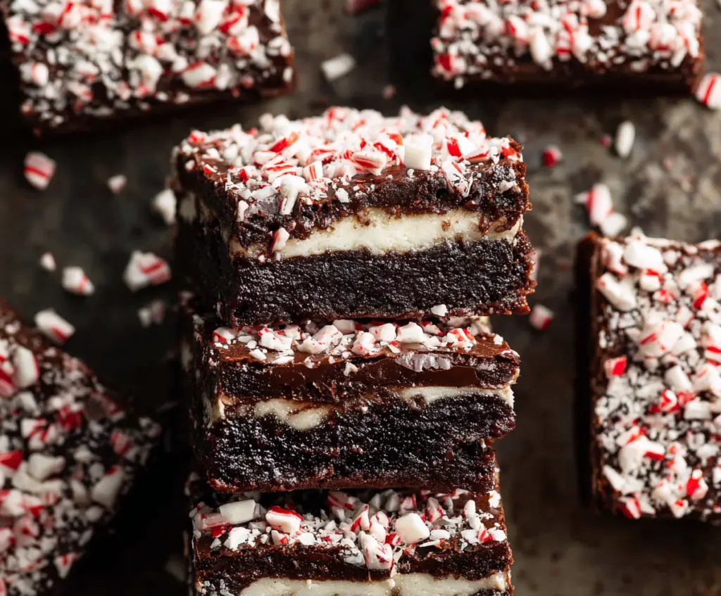 Rich and fudgy peppermint brownies topped with crushed peppermint candies and chocolate drizzle.