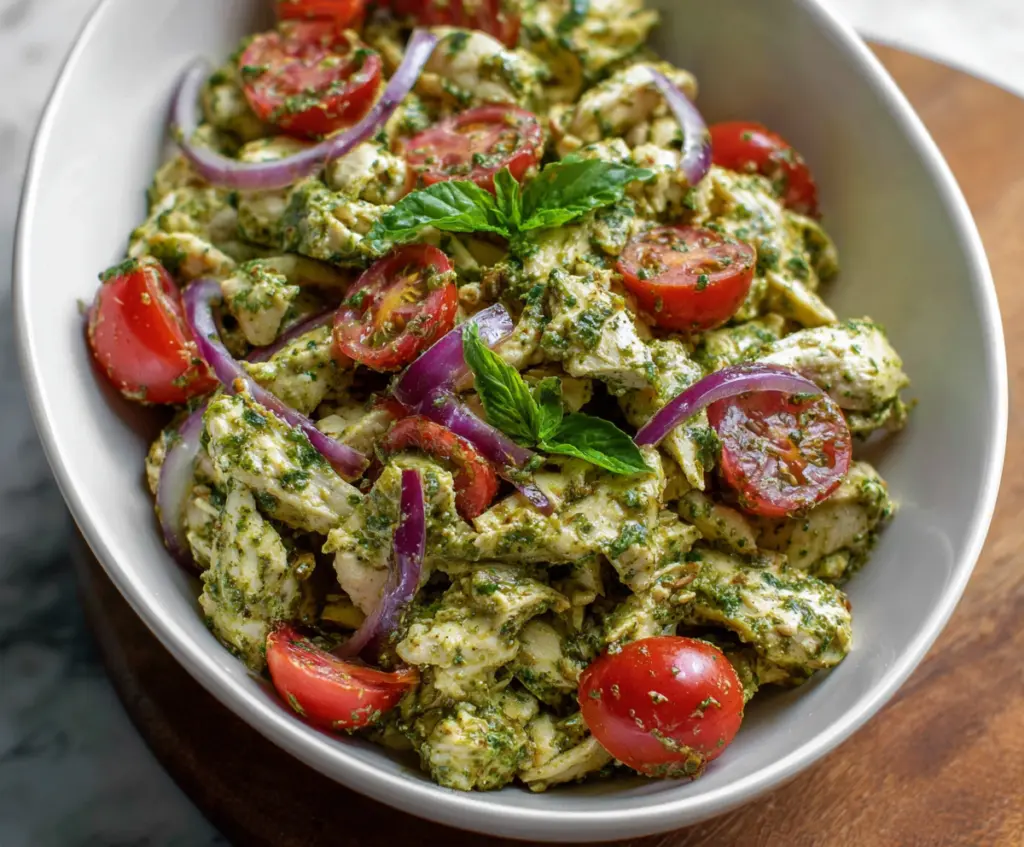 Delicious pesto chicken salad with fresh greens and cherry tomatoes on a white plate.