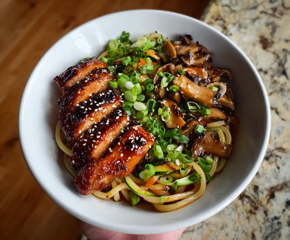 Veggie Udon + Sticky Glazed Pork Chops
