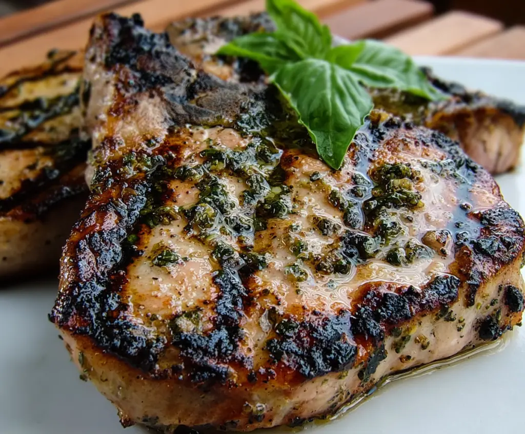 Juicy Basil-Garlic Grilled Pork Chops served with fresh herbs on a white plate.