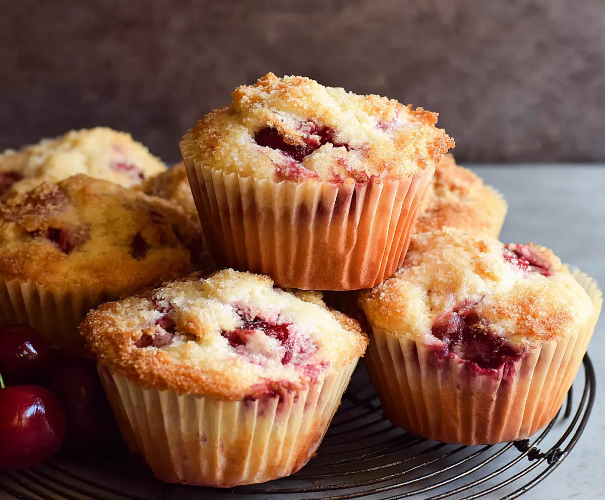 Fresh cherry muffins topped with a glaze, perfect for a quick breakfast or snack.