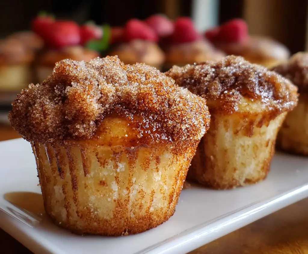 Delicious cinnamon sugar French toast muffins topped with powdered sugar on a rustic plate.