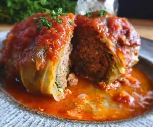 Delicious classic stuffed cabbage stuffed with seasoned meat and rice, served on a plate.