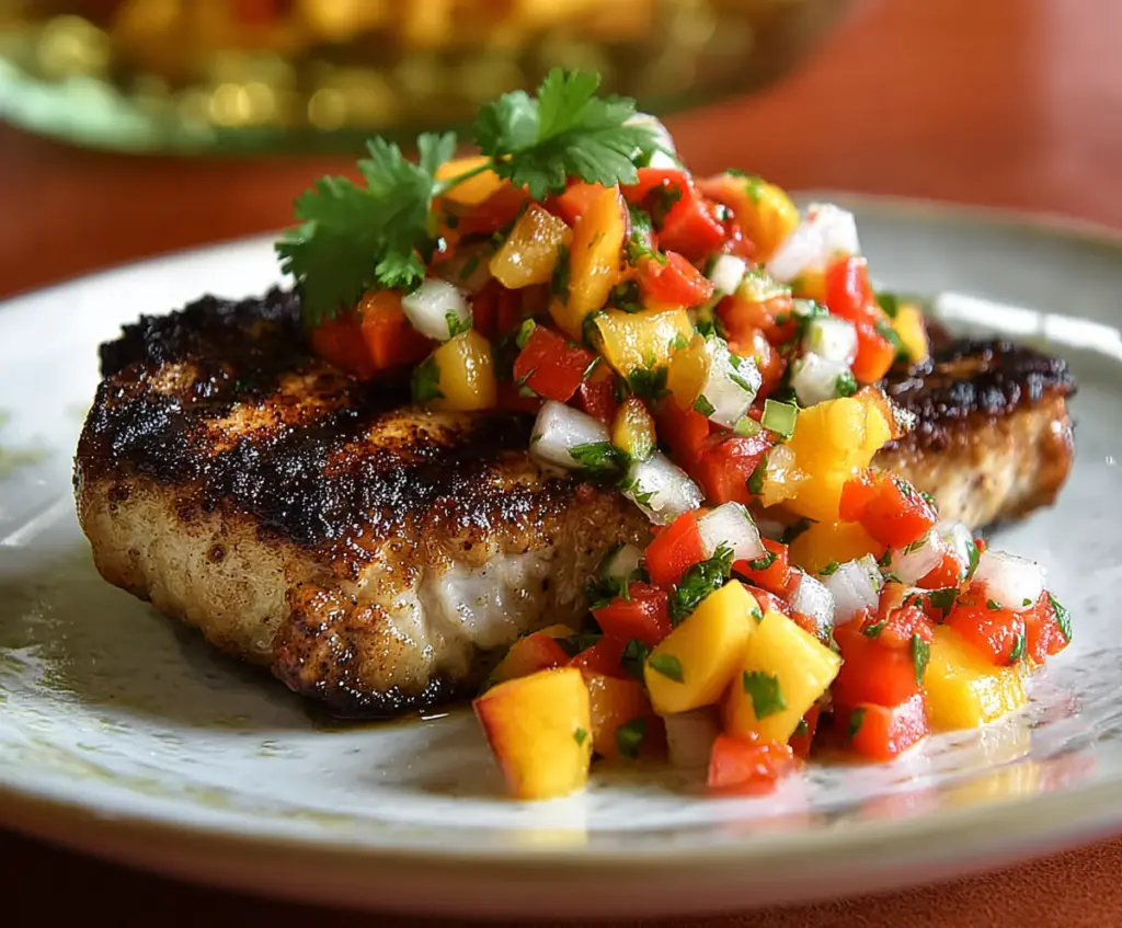 Juicy grilled pork chops served with a vibrant fresh nectarine salsa on a white plate.