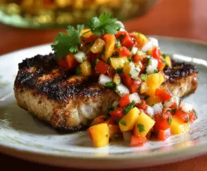 Juicy grilled pork chops served with a vibrant fresh nectarine salsa on a white plate.