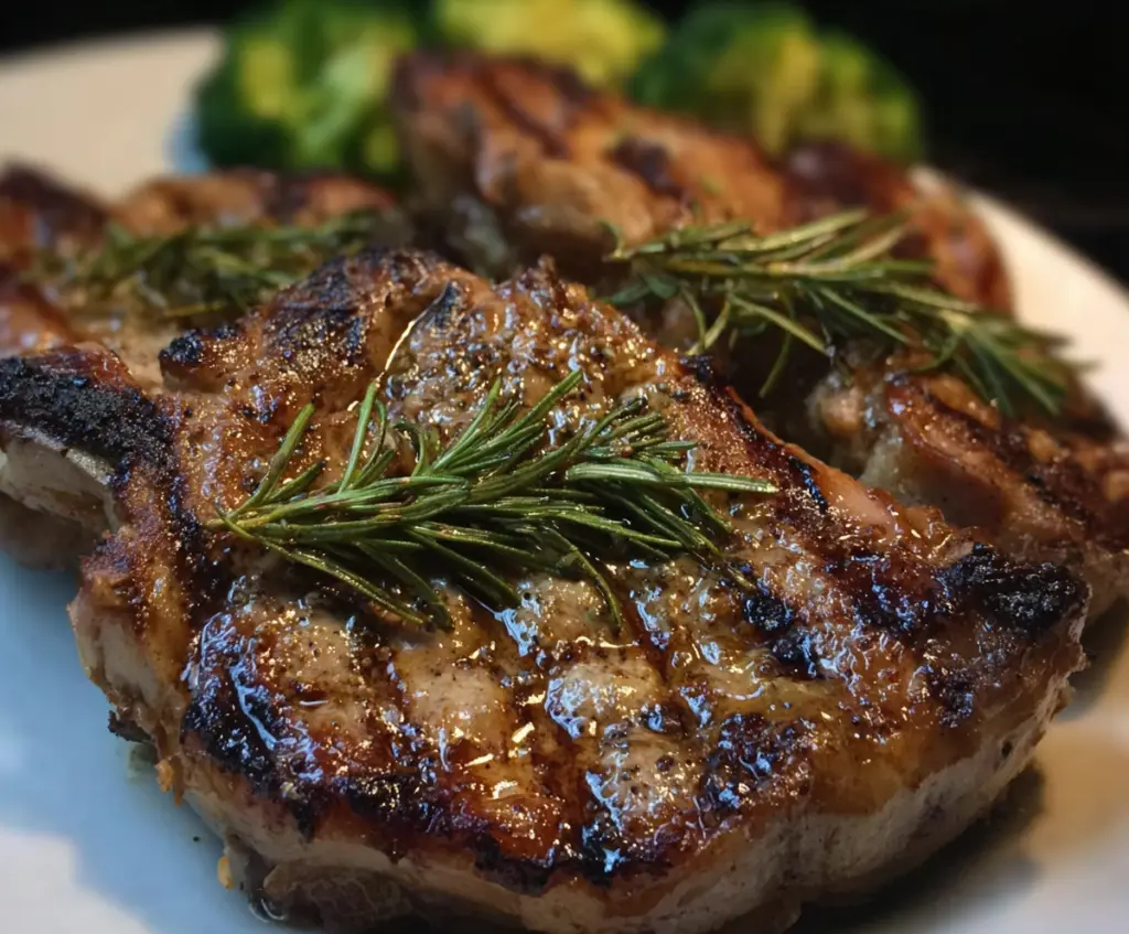 Juicy grilled rosemary pork chops served with fresh herbs and vegetables on a barbecue platter.