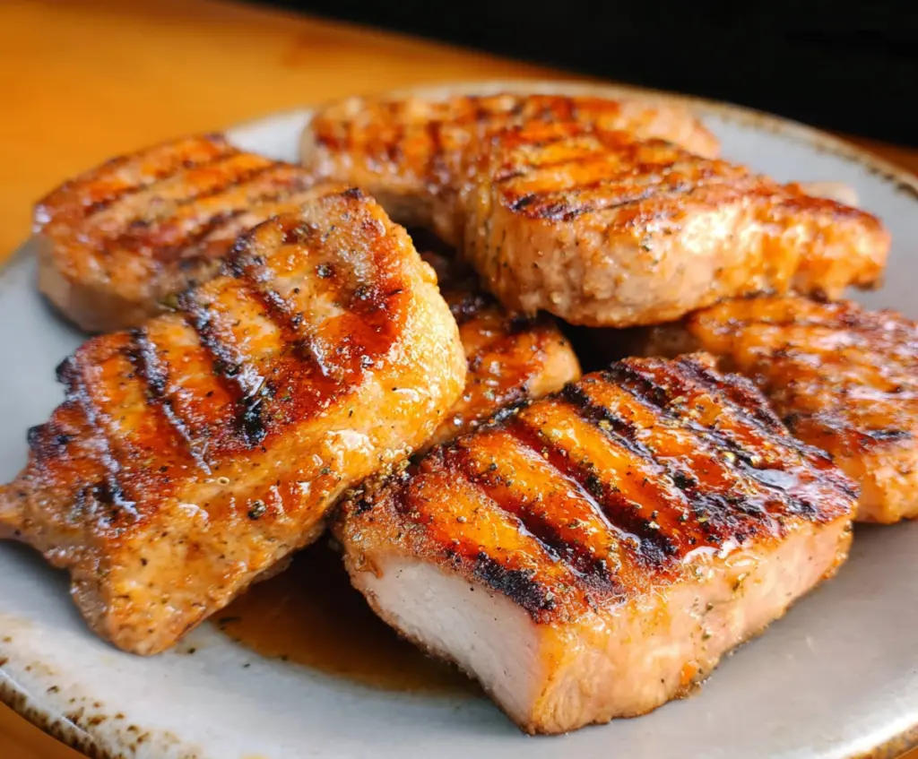 Juicy grilled pork chops served on a plate with herbs and vegetables