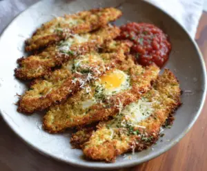 Crispy low carb eggplant parmesan with golden cheese and fresh basil