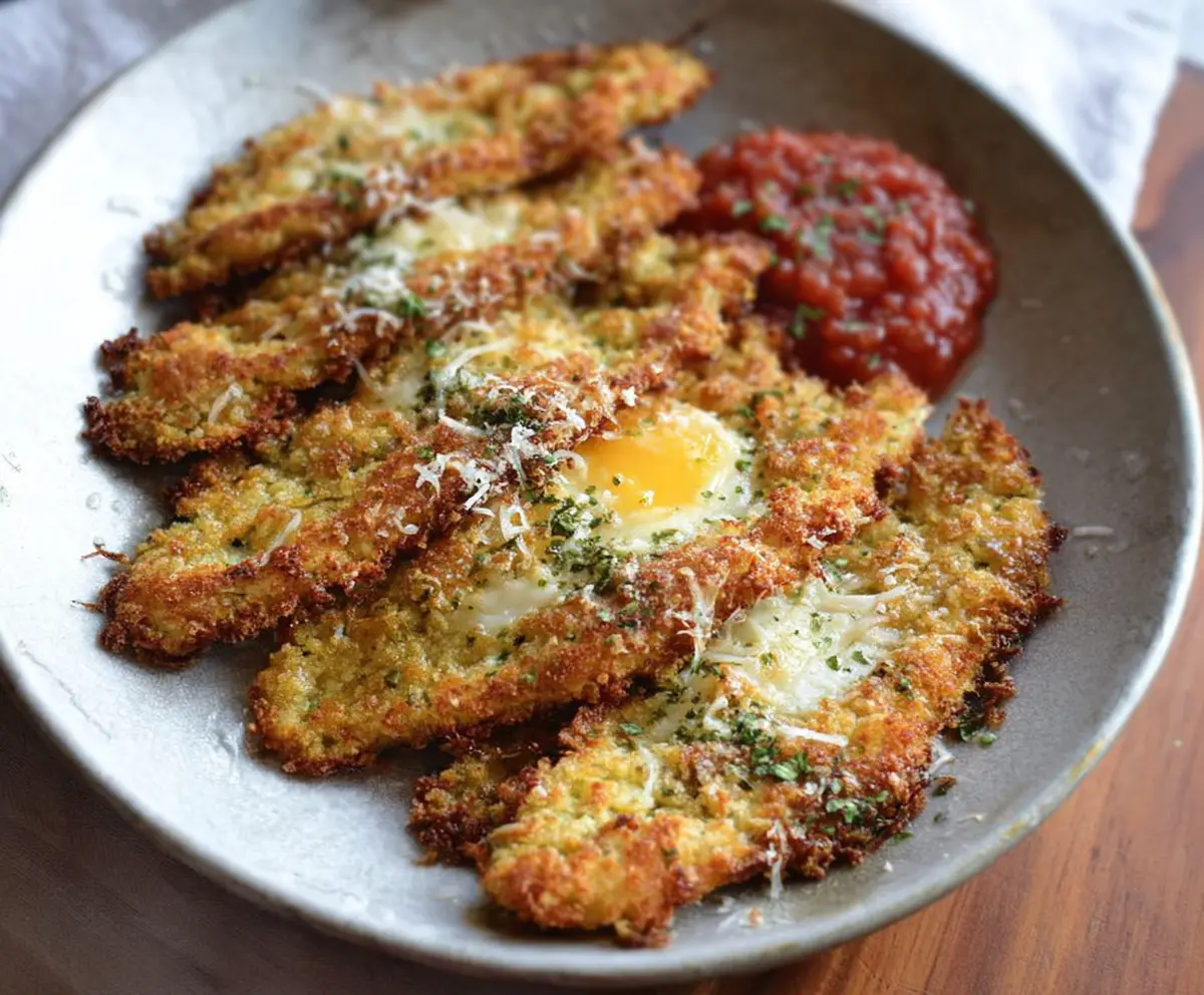 Crispy low carb eggplant parmesan with golden cheese and fresh basil