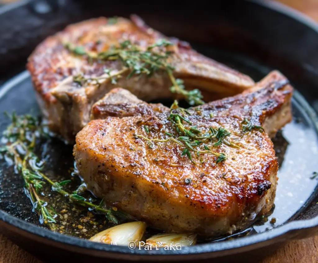 Juicy pan roasted pork chops with a golden crust served on a plate.