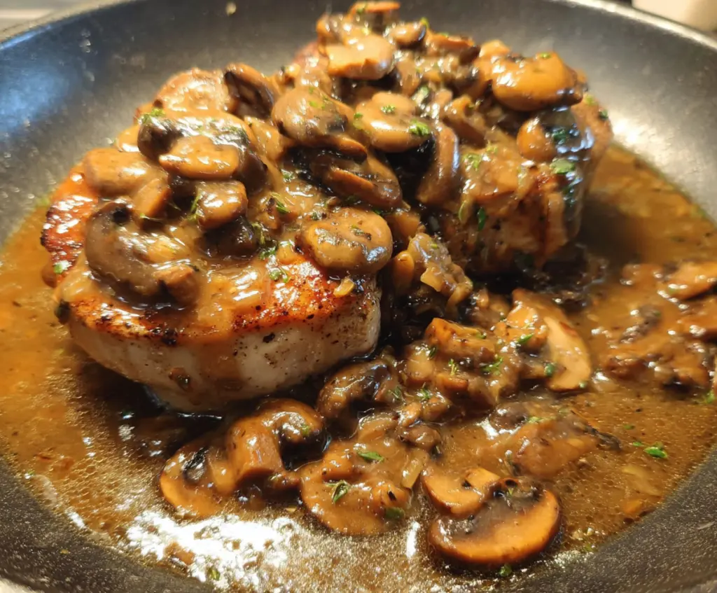 Delicious pork chops served with rich mushroom and shallot gravy, perfect for a hearty meal.