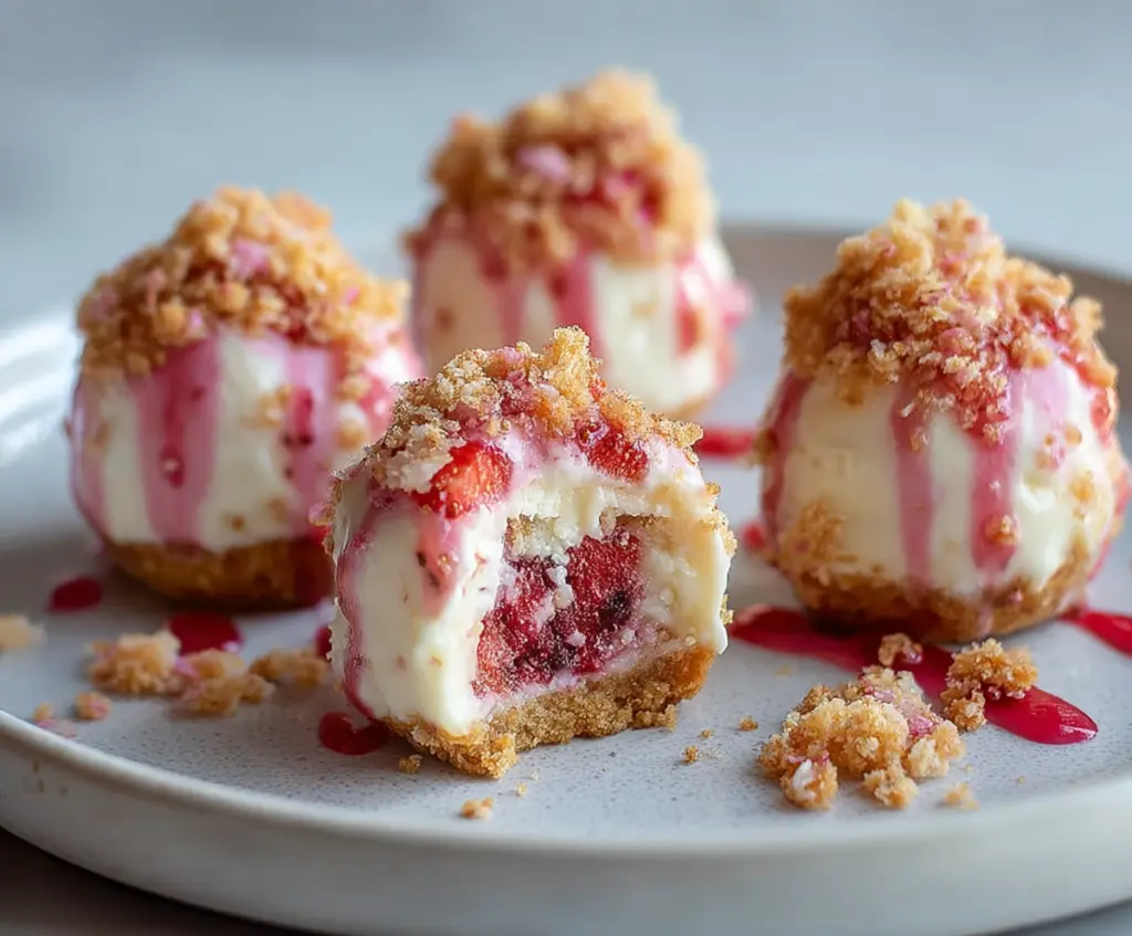 Delicious Strawberry Crunch Cheesecake Bites with layered graham cracker crust and fresh strawberry topping