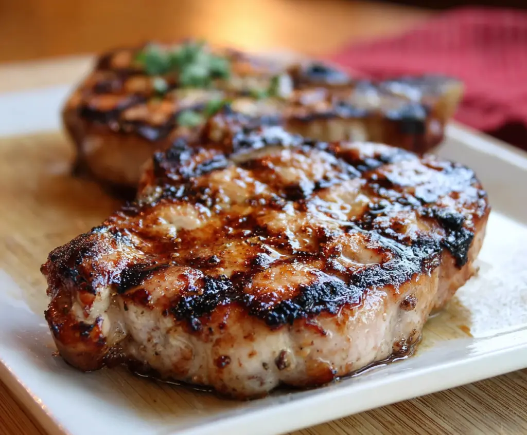 Juicy grilled hickory pork chops served with fresh herbs on a rustic plate.