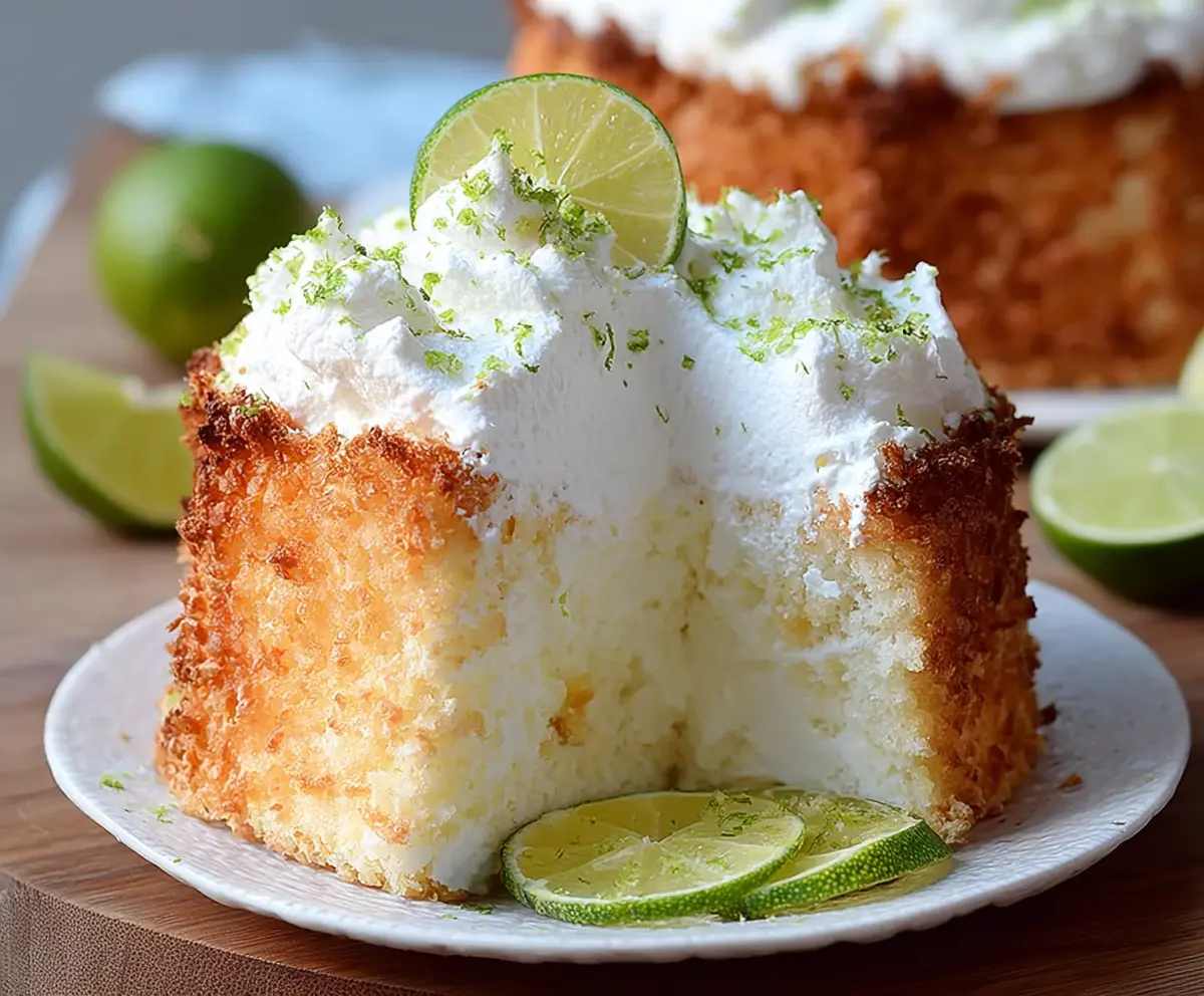 Delicious Key Lime Angel Food Cake topped with fresh lime slices and whipped cream.