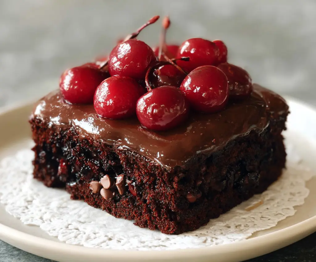 Delicious homemade chocolate cherry cake sliced to show rich chocolate layers and fresh cherries on top.