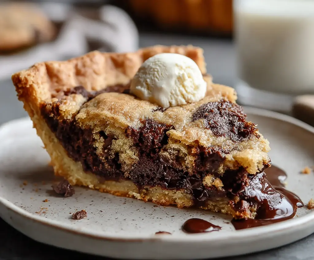 Delicious homemade chocolate chip cookie pie with gooey chocolate chips and golden crust.