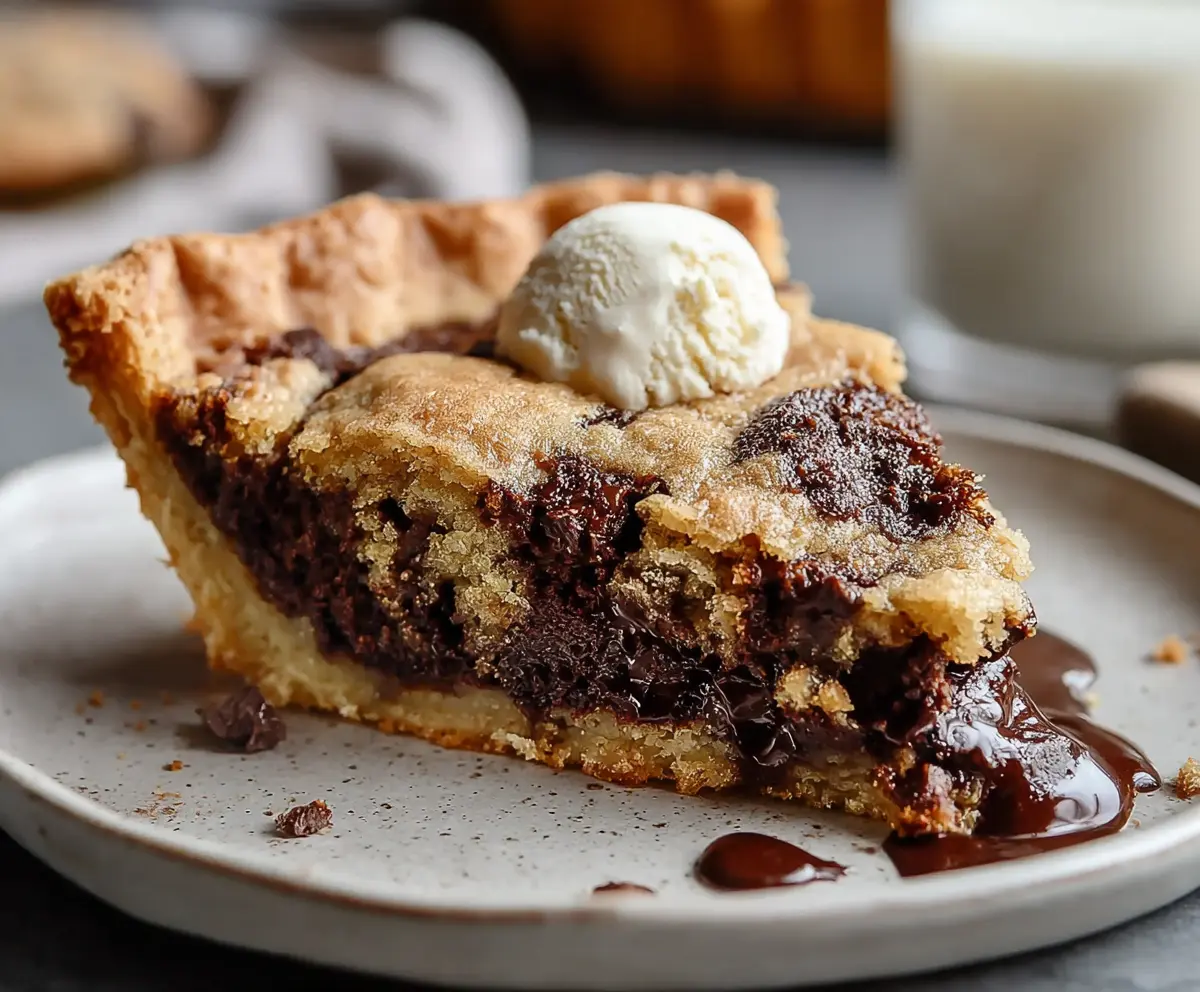 Delicious homemade chocolate chip cookie pie with gooey chocolate chips and golden crust.