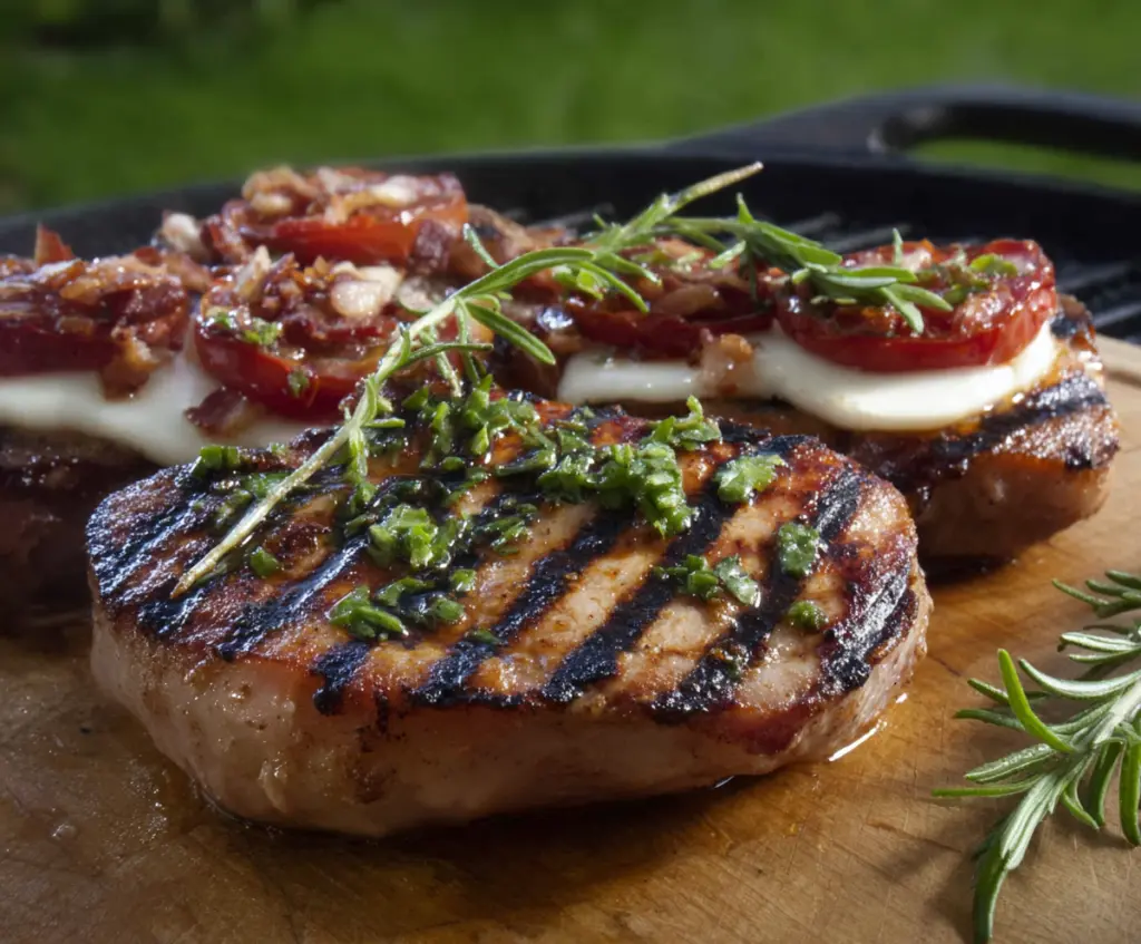 Juicy grilled Italian pork chops served with fresh herbs and lemon slices.