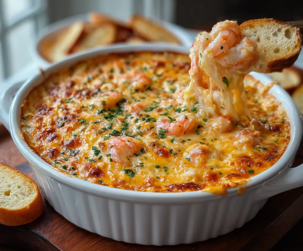 Creamy cheesy shrimp and crab bake dip served in a baking dish, perfect for seafood appetizer lovers.