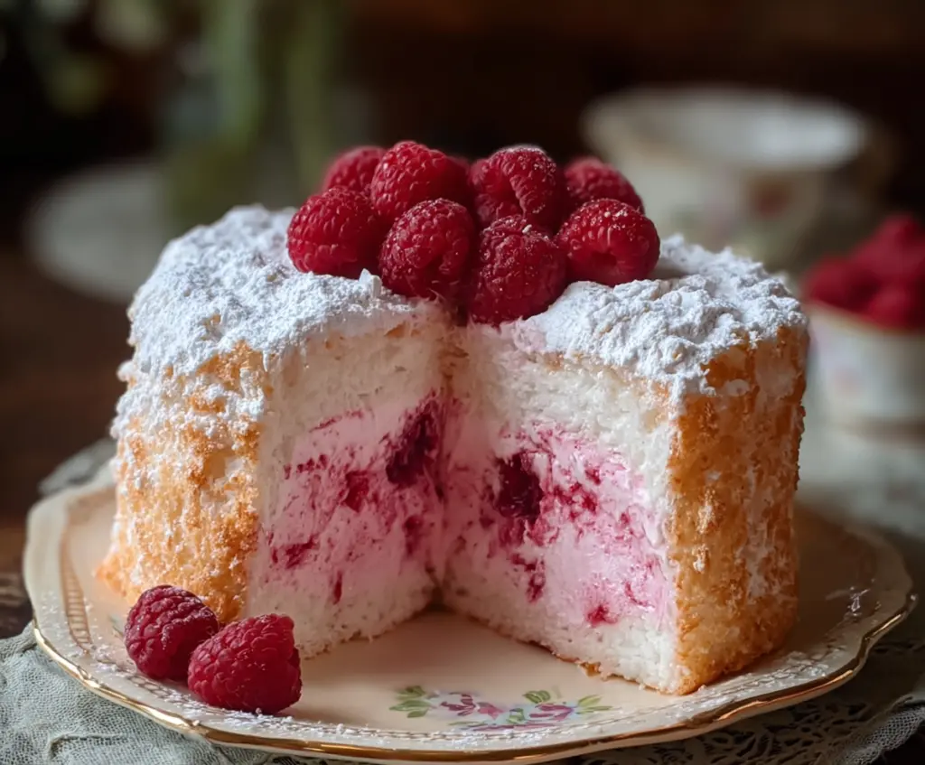 Delicious Raspberry Angel Food Cake topped with fresh raspberries and powdered sugar