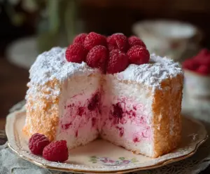 Delicious Raspberry Angel Food Cake topped with fresh raspberries and powdered sugar