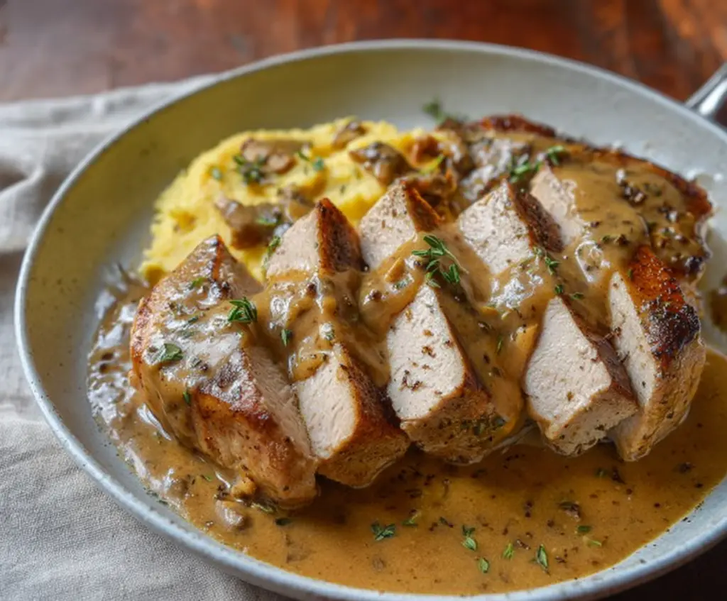 Juicy skillet pork chops served with rich pan gravy on a rustic plate.