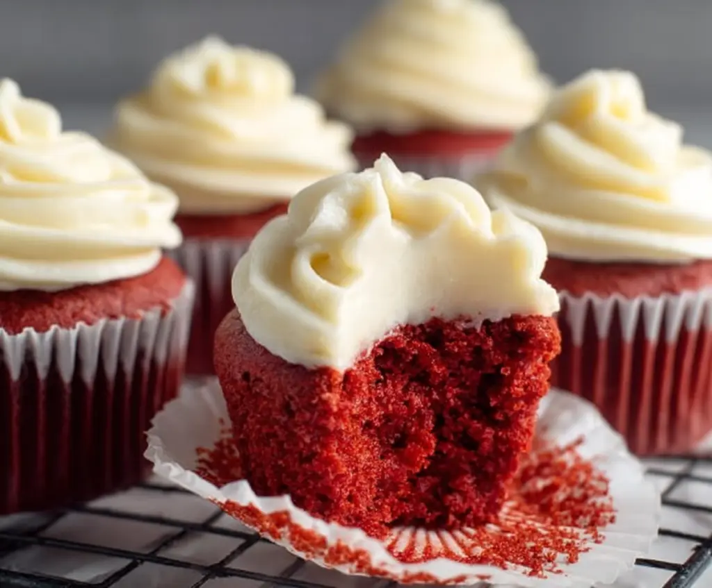 Delicious small batch red velvet cupcakes topped with cream cheese frosting