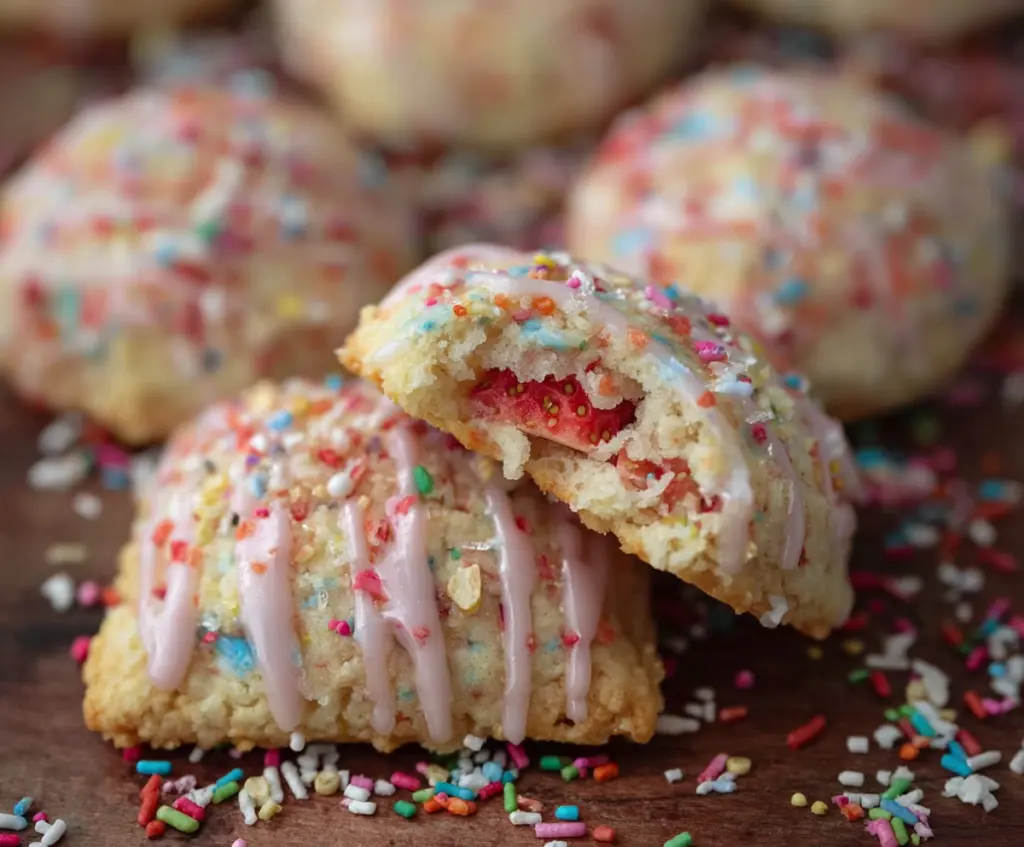 Delicious homemade strawberry pop tart cookies with a golden crust and vibrant strawberry filling